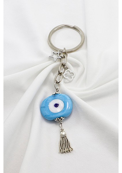 Gümüş Halkalı Püsküllü Mavi Dana Gözlü Anahtarlık, Hediyelik Çanta Süsü fiyatları
