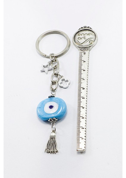Gümüş Halkalı Püsküllü Mavi Dana Gözlü Anahtarlık, Hediyelik Çanta Süsü modelleri