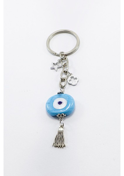 Gümüş Halkalı Püsküllü Mavi Dana Gözlü Anahtarlık, Hediyelik Çanta Süsü fırsatları