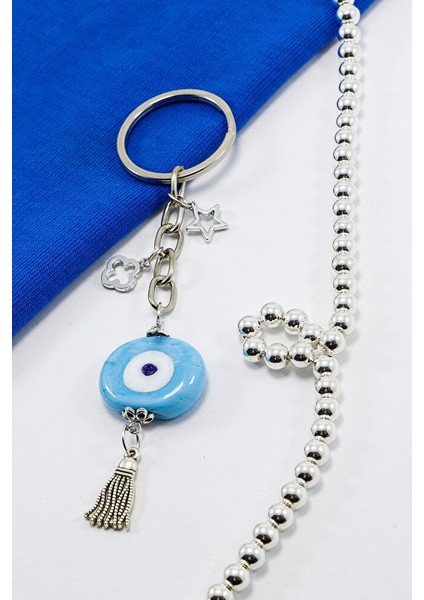 Gümüş Halkalı Püsküllü Mavi Dana Gözlü Anahtarlık, Hediyelik Çanta Süsü indirimleri