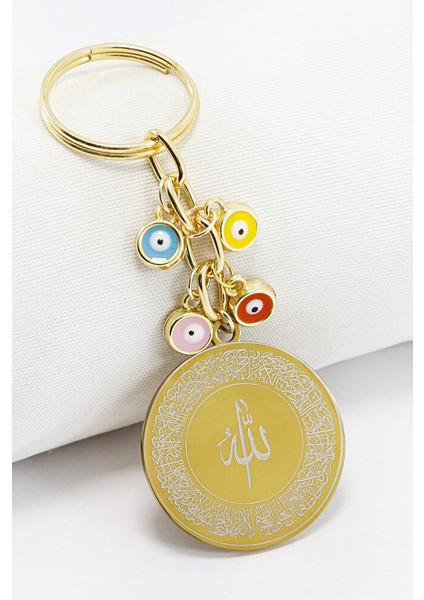 Çelik Çift Taraflı Ayetel Kürsi Nazar Ayeti Anahtarlık, Renkli Nazar Boncuklu Çanta Süsü