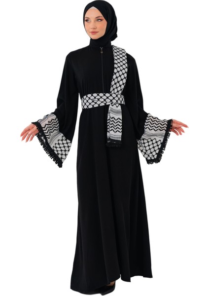 Fermuarlı Filistin Kefiye Desenli Geniş Püsküllü Kolları Dik Yakalı Siyah Filistin Elbise C100049