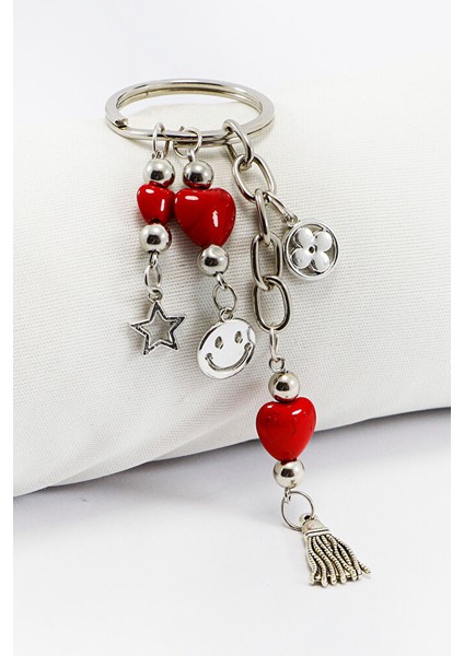 El Yapımı Gülen Suratlı Salkım Kalpli Anahtarlık, Yeni Çanta Süsü