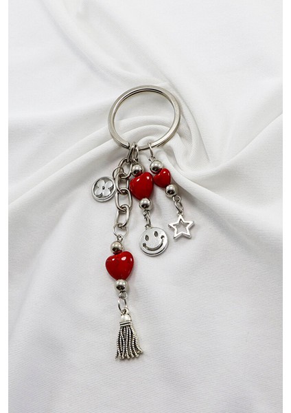 El Yapımı Gülen Suratlı Salkım Kalpli Anahtarlık, Yeni Çanta Süsü fırsatları