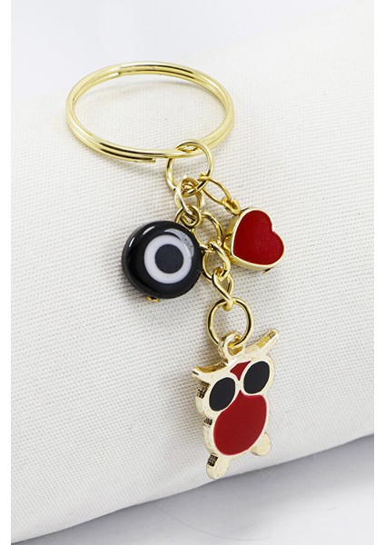 Gold Halkalı Sevimli Baykuş El Yapımı Siyah Cam Nazar Boncuklu Anahtarlık, Hediyelik Çanta Süsü