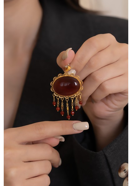 14 Ayar Altın Akik Taşlı Boncuk Sallantılı El İşi Kolye Ucu