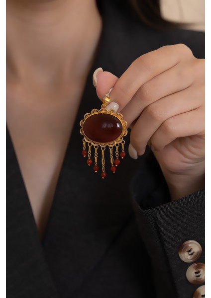 14 Ayar Altın Akik Taşlı Boncuk Sallantılı El İşi Kolye Ucu fiyatları