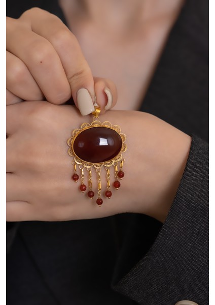 14 Ayar Altın Akik Taşlı Boncuk Sallantılı El İşi Kolye Ucu modelleri