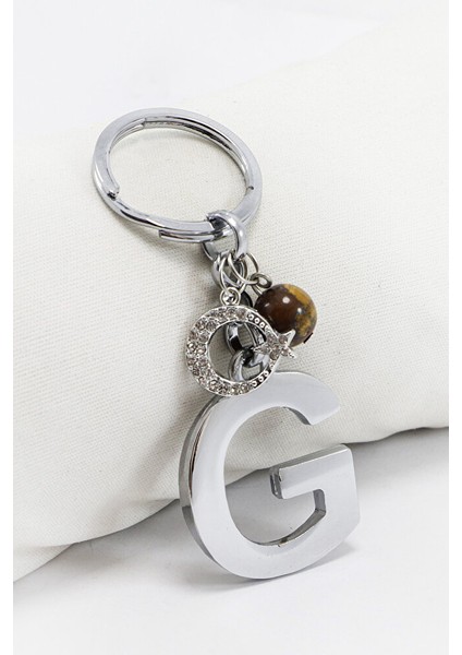 Parlak Taşlı Ay Yıldızlı Kaplan Gözü Doğal Taşlı Gümüş Renkli Metal G Harfi Anahtarlık