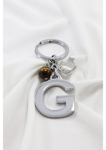 Parlak Taşlı Ay Yıldızlı Kaplan Gözü Doğal Taşlı Gümüş Renkli Metal G Harfi Anahtarlık modelleri