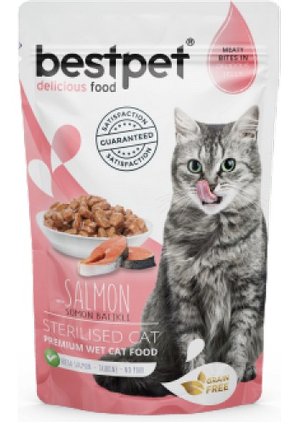 Sepetim Bestpet 85 gr x 24 Adet Kısırlaştırılmış Kediler Için Tahılsız, Jöle Içinde Somon Parça Etli Yaş Mama