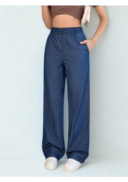 Kadın Yüksek Bel Lastikli Baggy Pantolon Lacivert