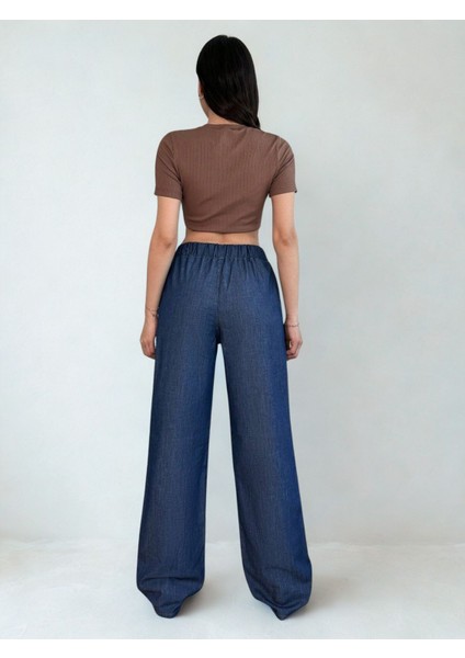 Kadın Yüksek Bel Lastikli Baggy Pantolon Lacivert modelleri
