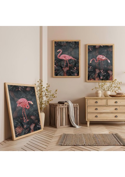 Ahşap Çerçeveli Flamingo Üçlü Ahşap Tablo Seti