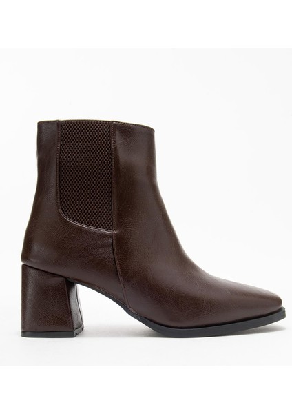 Küt Burunlu Sade Lastikli Kadın Topuklu Bot Kahve Cilt fiyatları