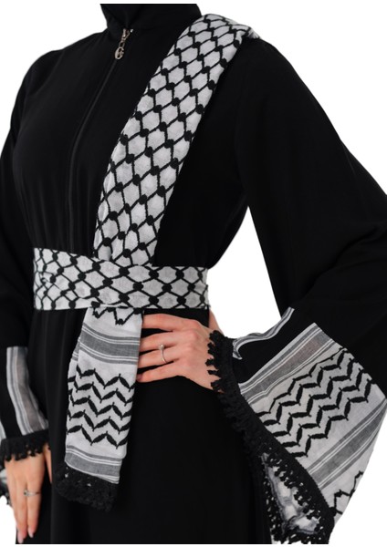 Fermuarlı Filistin Kefiye Desenli Geniş Püsküllü Kolları Dik Yakalı Siyah Filistin Elbise C100049 modelleri