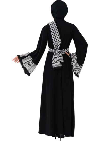 Fermuarlı Filistin Kefiye Desenli Geniş Püsküllü Kolları Dik Yakalı Siyah Filistin Elbise C100049 fırsatları