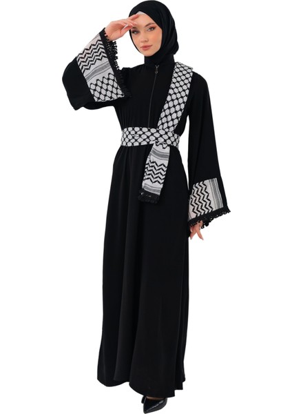 Fermuarlı Filistin Kefiye Desenli Geniş Püsküllü Kolları Dik Yakalı Siyah Filistin Elbise C100049
