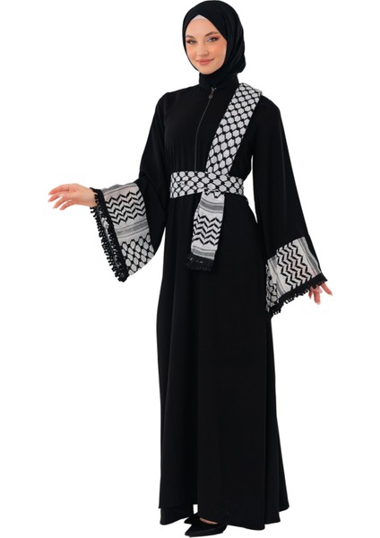 Fermuarlı Filistin Kefiye Desenli Geniş Püsküllü Kolları Dik Yakalı Siyah Filistin Elbise C100049