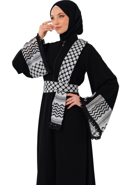 Fermuarlı Filistin Kefiye Desenli Geniş Püsküllü Kolları Dik Yakalı Siyah Filistin Elbise C100049