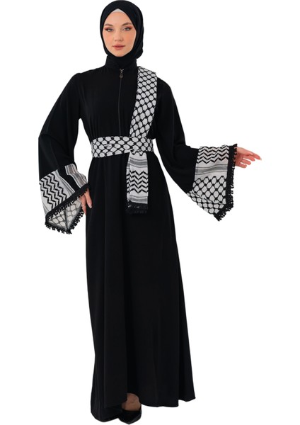 Fermuarlı Filistin Kefiye Desenli Geniş Püsküllü Kolları Dik Yakalı Siyah Filistin Elbise C100049
