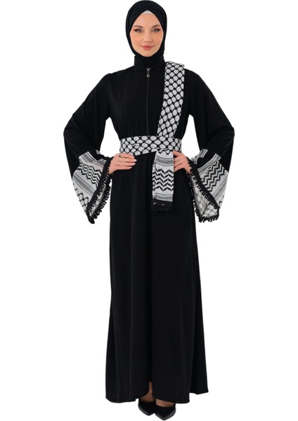 Fermuarlı Filistin Kefiye Desenli Geniş Püsküllü Kolları Dik Yakalı Siyah Filistin Elbise C100049