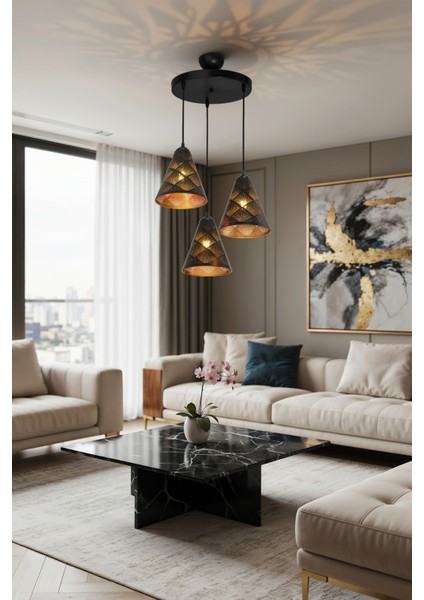 Forest Line Dots Desenli Lazer Kesim Üçlü Avize Modern Salon Oturma Odası