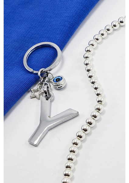 Çerçeveli Nazar Boncuklu Minik Yıldızlı Gümüş Renkli Metal Y Harfi Anahtarlık / Hediyelik Çanta Süsü