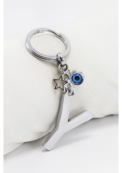 Çerçeveli Nazar Boncuklu Minik Yıldızlı Gümüş Renkli Metal Y Harfi Anahtarlık / Hediyelik Çanta Süsü fiyatları