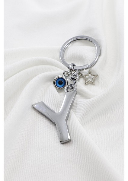 Çerçeveli Nazar Boncuklu Minik Yıldızlı Gümüş Renkli Metal Y Harfi Anahtarlık / Hediyelik Çanta Süsü modelleri