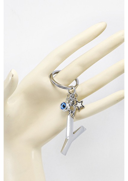 Çerçeveli Nazar Boncuklu Minik Yıldızlı Gümüş Renkli Metal Y Harfi Anahtarlık / Hediyelik Çanta Süsü fırsatları