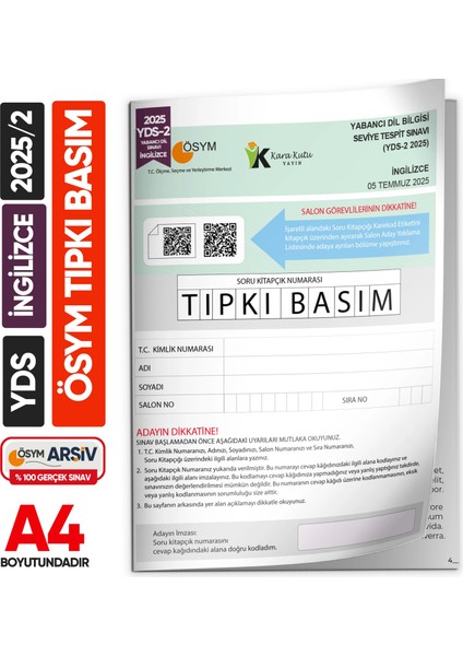 Yds Ingilizce 2025/2 Temmuz Yabancı Dil Sınavı Ösym Tıpkı Basım Çıkmış Soru Deneme Kitapçığı