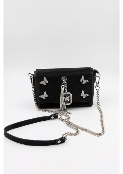 Marka Ithal Kelebek Taşlı Aksesuar Bayan Çanta KB886 Siyah