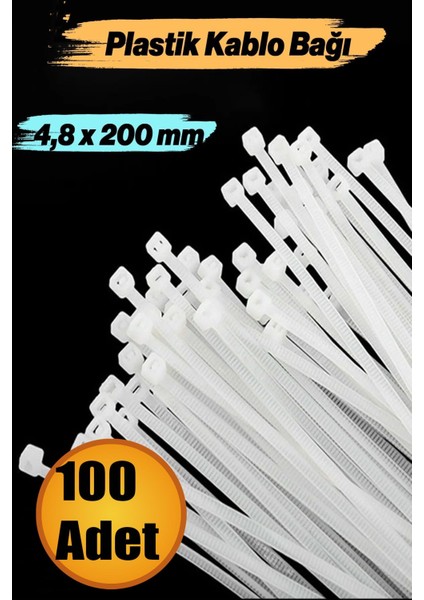 100 Adet Cırt Kelepçe 4,8X200 mm Plastik Beyaz Renk Zip Kablo Bağı Çok Amaçlı Bağlama.