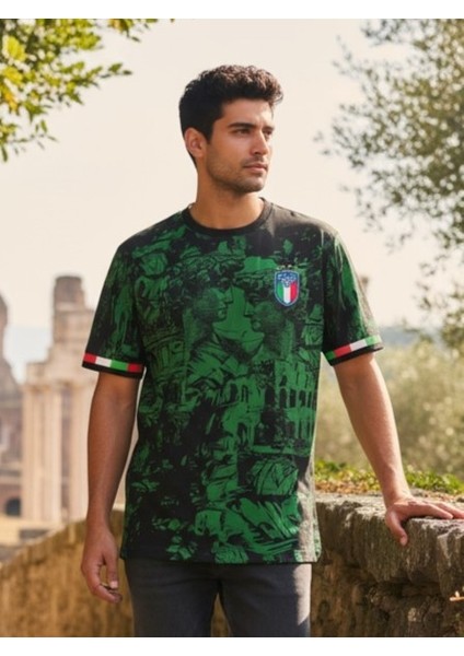 Italya Nostalji Motifli T-Shirt Yeşil