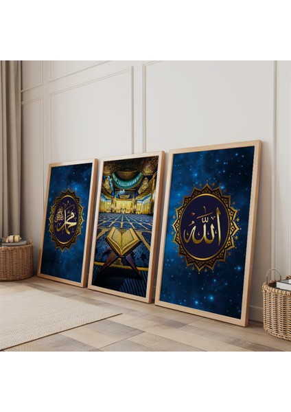 Ahşap Çerçeveli Allah ve Muhammed Lafzı Üçlü Ahşap Tablo Seti fiyatları