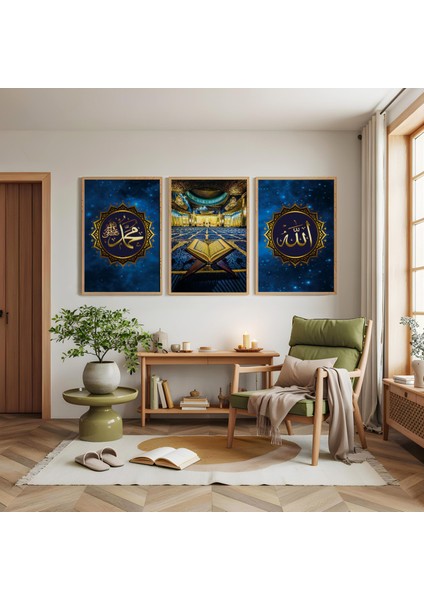 Ahşap Çerçeveli Allah ve Muhammed Lafzı Üçlü Ahşap Tablo Seti modelleri