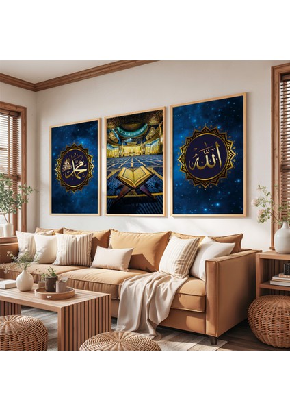 Ahşap Çerçeveli Allah ve Muhammed Lafzı Üçlü Ahşap Tablo Seti fırsatları