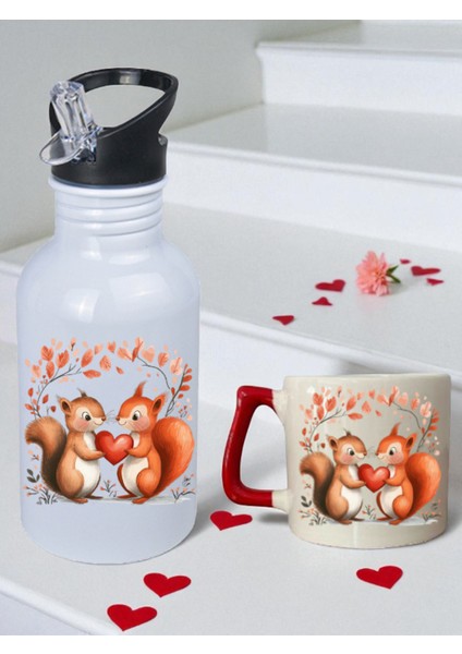Sevimli Sincap Baskılı 600 ml Matara ve 250 ml Bardak - Su Matarası Suluk ve Bardak Seti