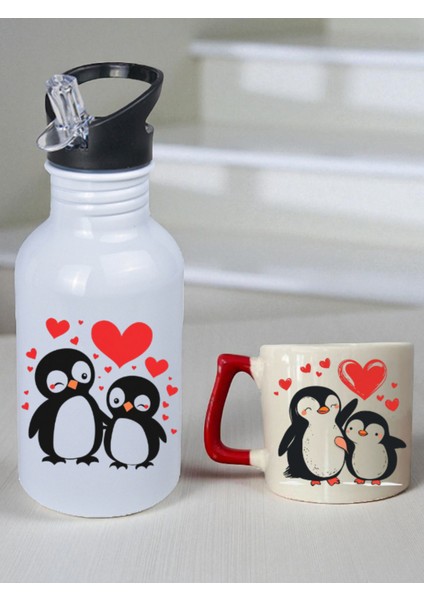 Penguen Baskılı 600 ml Matara ve 250 ml Bardak - Su Matarası Suluk ve Bardak Seti