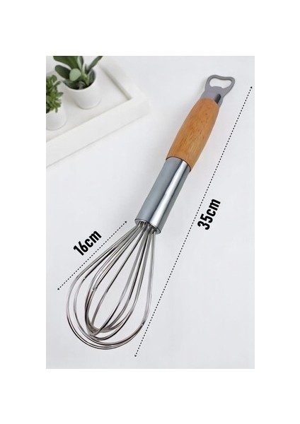 Ahşap Saplı Açacaklı Çırpıcı 304 Paslanmaz Çelik Yumurta ve Sos Çırpıcı Çırpma Teli 31CM
