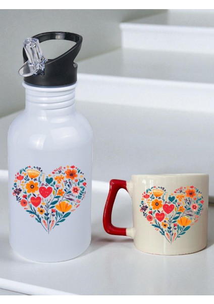 Çiçek Deseni Baskılı 600 ml Matara ve Bardak - Su Matarası Suluk ve Bardak Seti