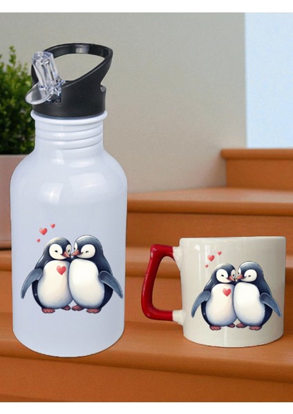Penguen Teması Baskılı 600 ml Matara ve 250 ml Bardak - Su Matarası Suluk ve Bardak Seti
