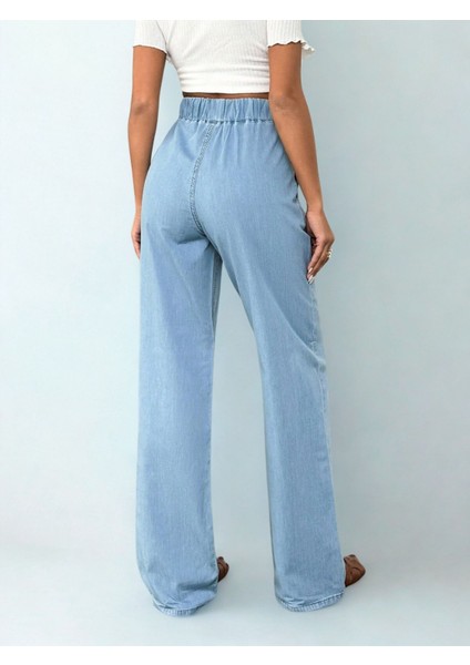 Kadın Yüksek Bel Lastikli Baggy Pantolon Mavi modelleri