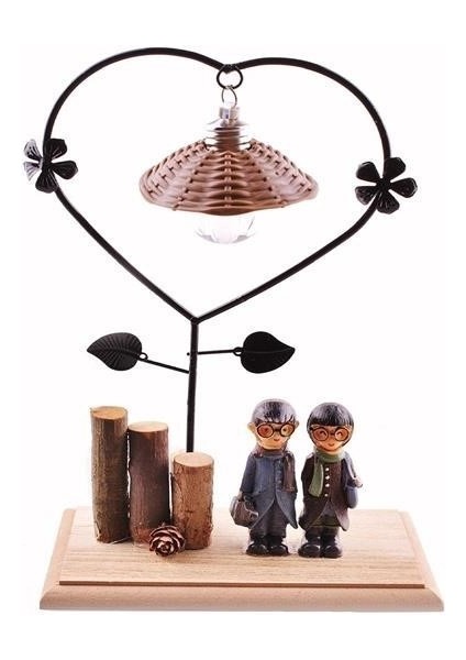 ® Pilli Işıklı Romantik Çift Tema Büyük Boy Dekoratif Ahşap Biblo