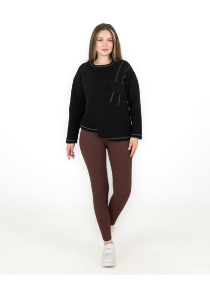 Cepli Bisiklet Yaka Üç Iplik Asimetrik Sweatshirt Siyah