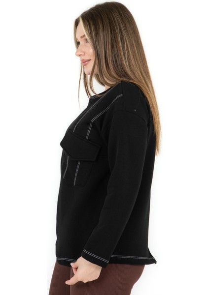Cepli Bisiklet Yaka Üç Iplik Asimetrik Sweatshirt Siyah modelleri