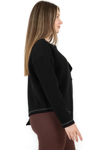 Cepli Bisiklet Yaka Üç Iplik Asimetrik Sweatshirt Siyah fırsatları