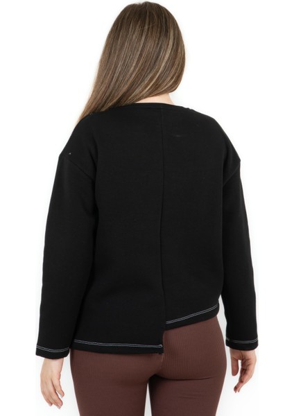 Cepli Bisiklet Yaka Üç Iplik Asimetrik Sweatshirt Siyah indirimleri