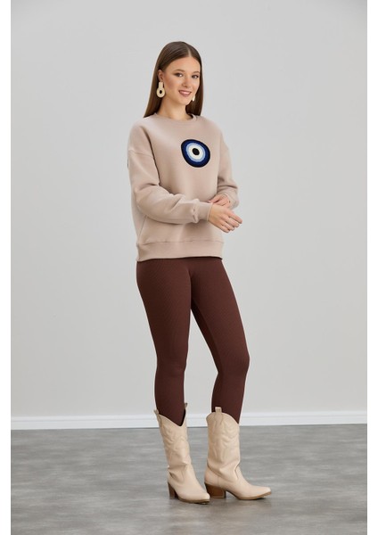 Kadın Taş Renk Nazar Boncuklu Bisiklet Yaka Üç Iplik Sweatshirt fiyatları